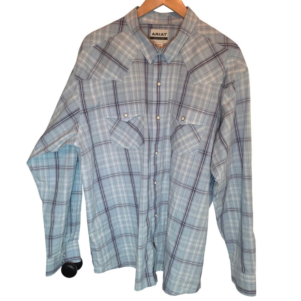 Ariat Men's XXLHarry Retro Light Blue Shadow Plaid Fitted Snap Shirt Western - Picture 4 of 11